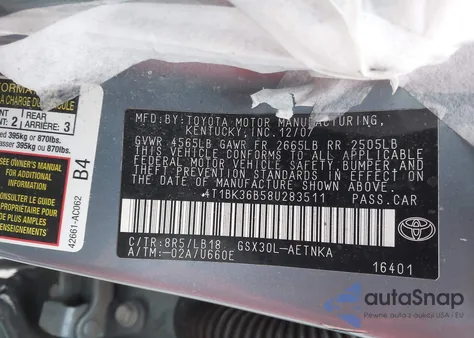 2008 Toyota Avalon Touring from USA, damaged, VIN 4T1BK36B58U283511